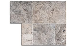 placaj travertin silver french pattern 3 cm cu finisaj periat și margini dăltuite, în tonuri gri-argintiu, pentru exterior